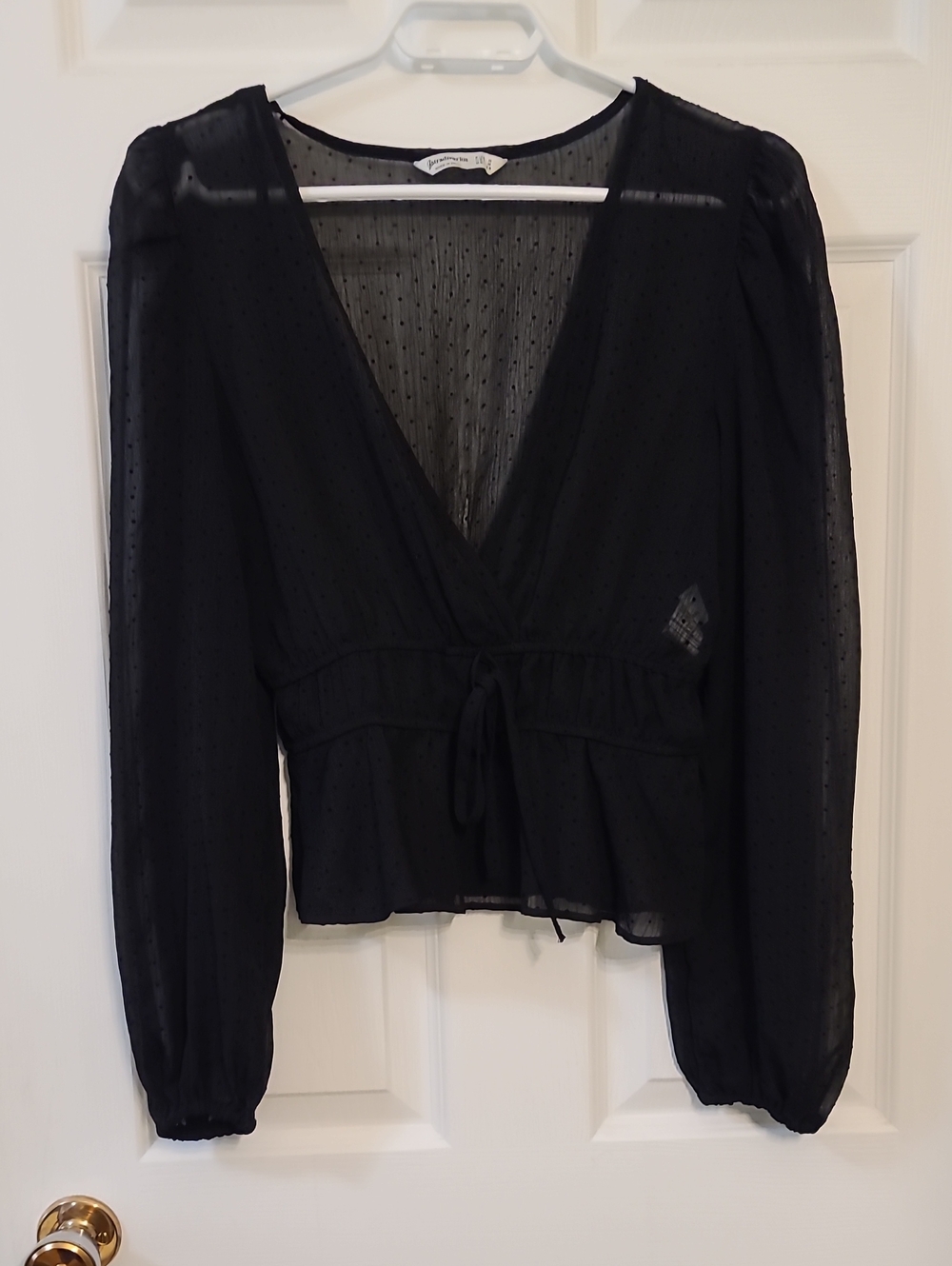 Stradivarius Black Swiss Dot Sheer Long Sleeve Wrap Peplum Blouse Pluge Boutique